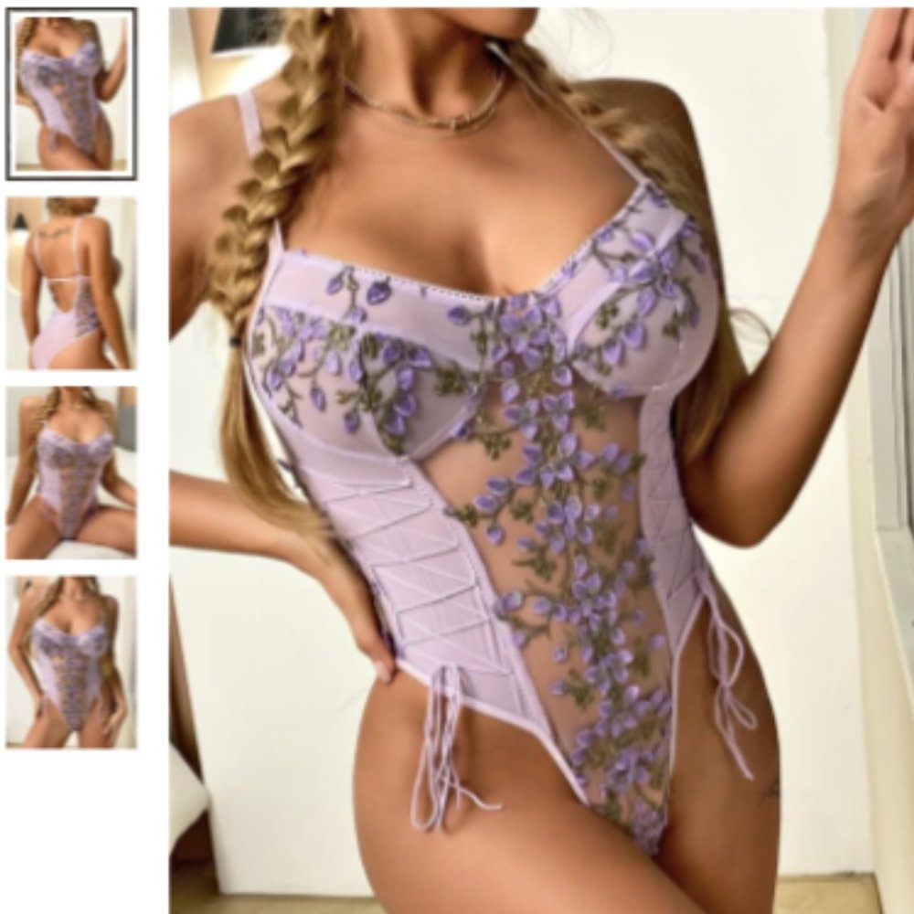 Embroidered Mesh Lace-up Teddy Bodysuit